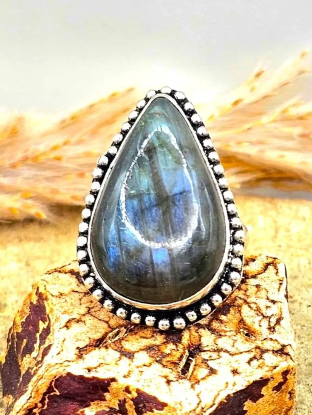 Nature Labradorite Flashy Teardrop Ring ( Size 8.5)